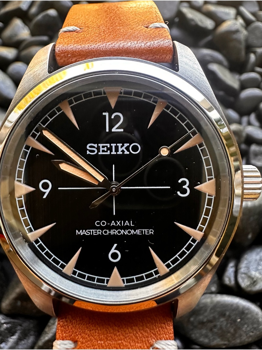 Seiko Mod Black Dial Watch with Tan Leather Strap